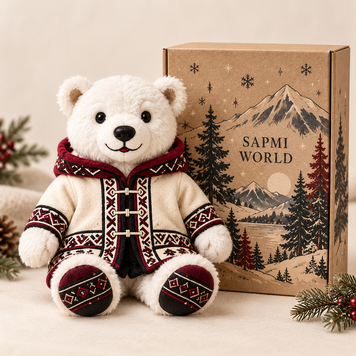 Sapmi plush bear product design concept with embroidered winter coat and gift box.