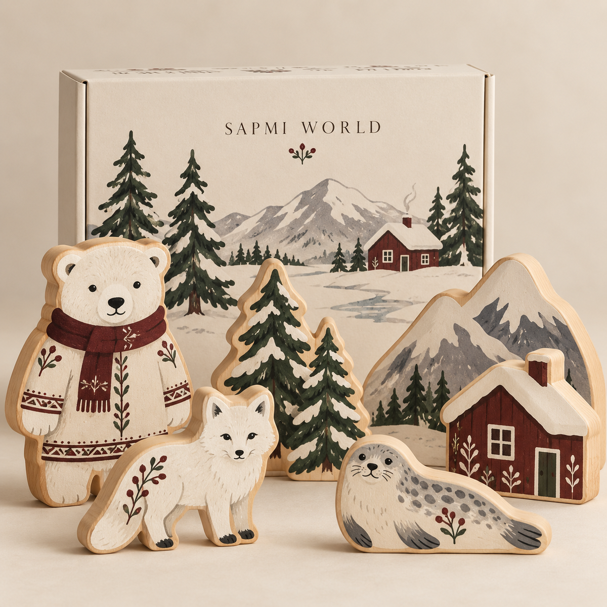 Sapmi wooden Arctic scene play set concept with bear, fox and seal